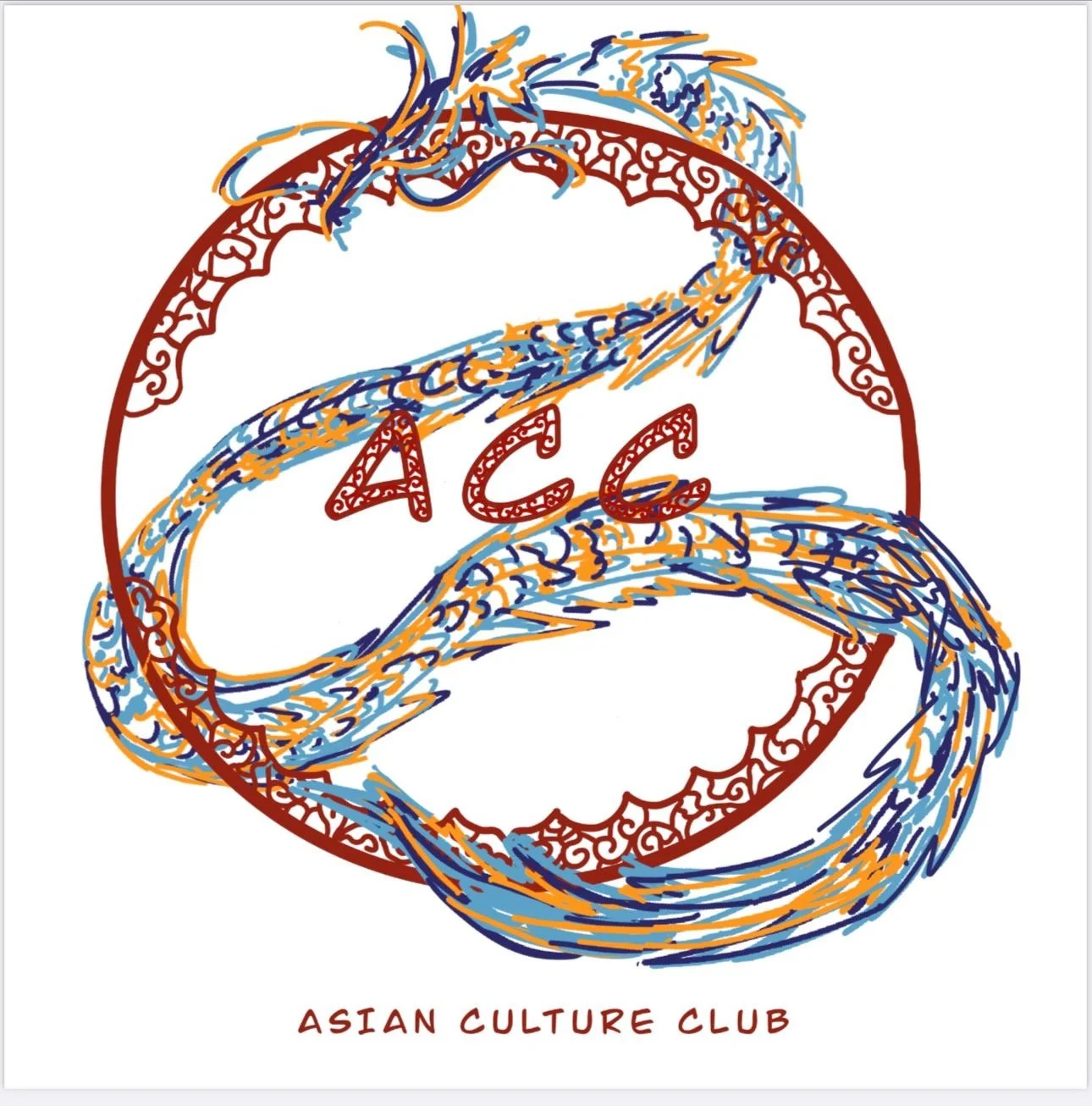 Circular Asian Culture Club emblem with intertwined red and blue dragons