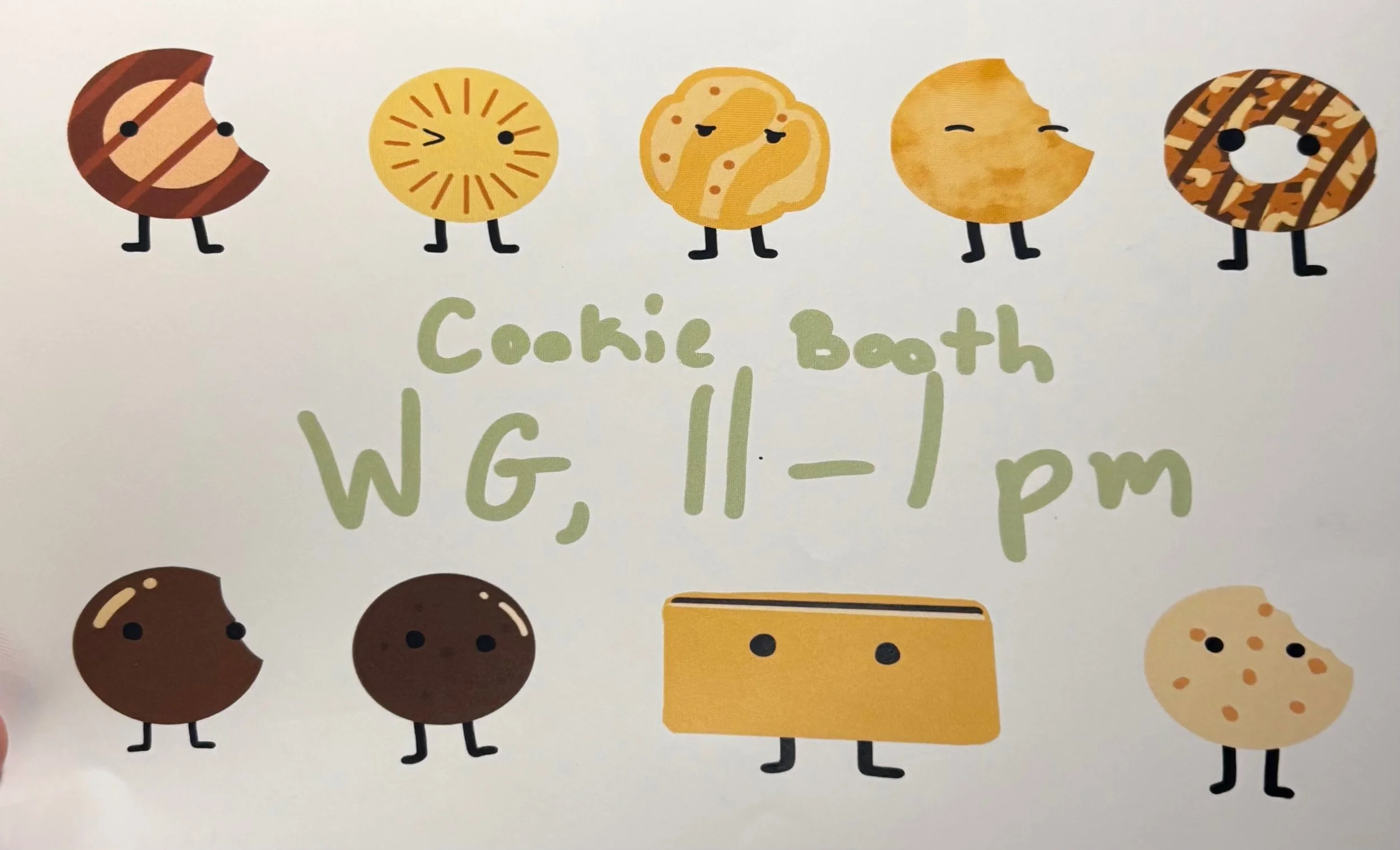 Playful cookie booth advertisement with illustrated cookie characters