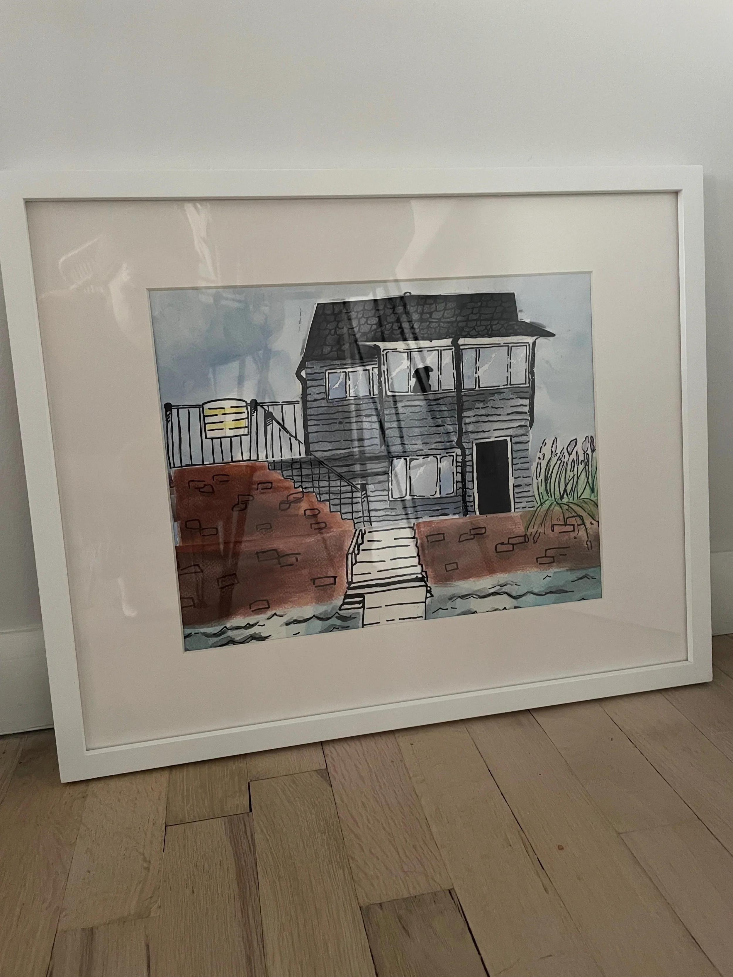 Framed watercolor and ink study of a modern house