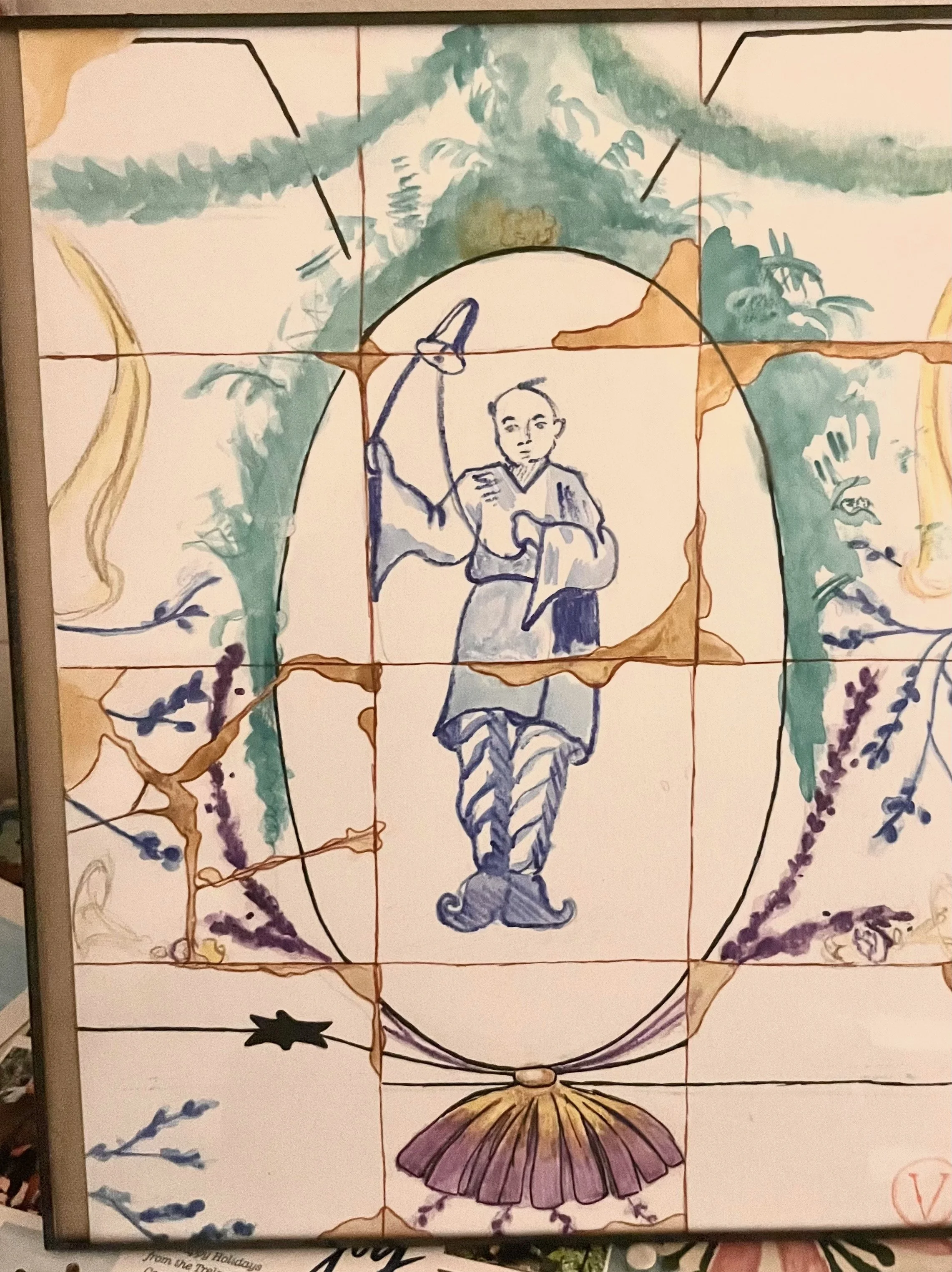 Watercolor figure and botanical motifs arranged like painted tiles